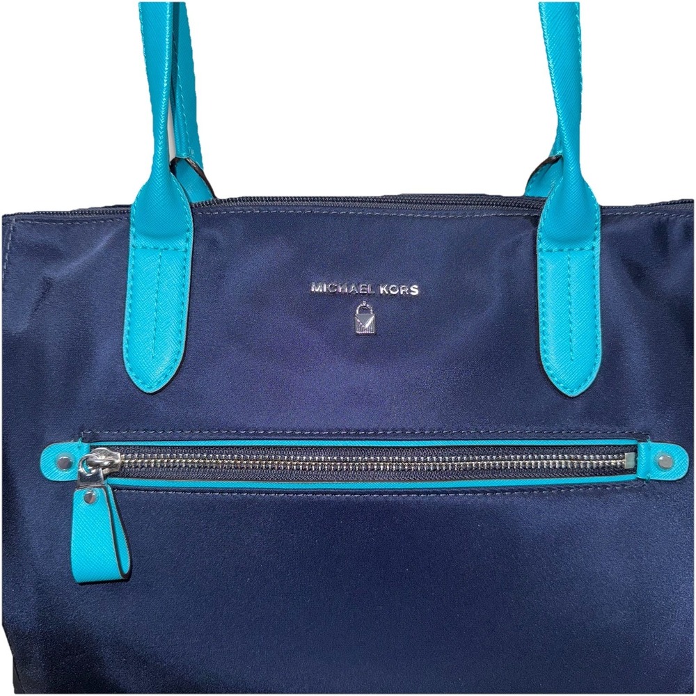 Michael Kors Kelsey Nylon Tote Navy Blue Turquoise Trim‎ Travel Work Bag - Picture 2 of 6